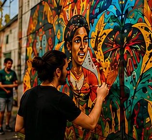 Artista pintando mural colorido