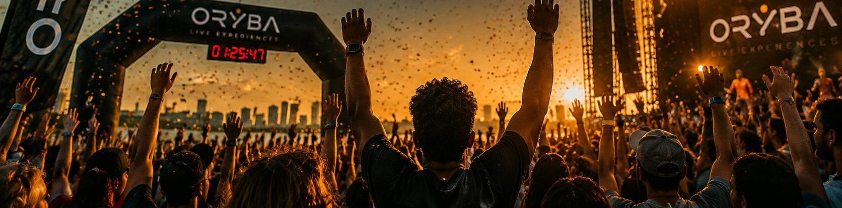 Público celebrando com os braços para o alto diante do pórtico e do palco Oryba