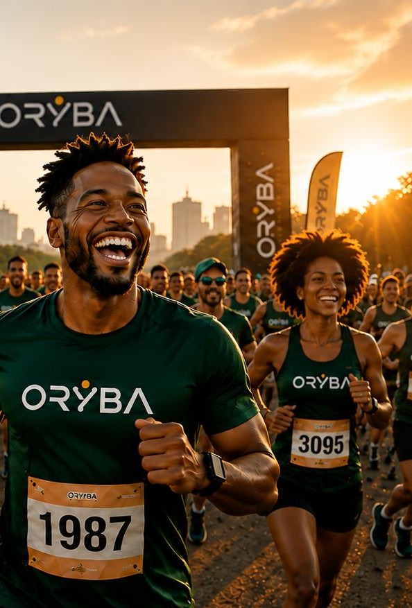 Corredores sorrindo na largada de uma corrida Oryba ao pôr do sol